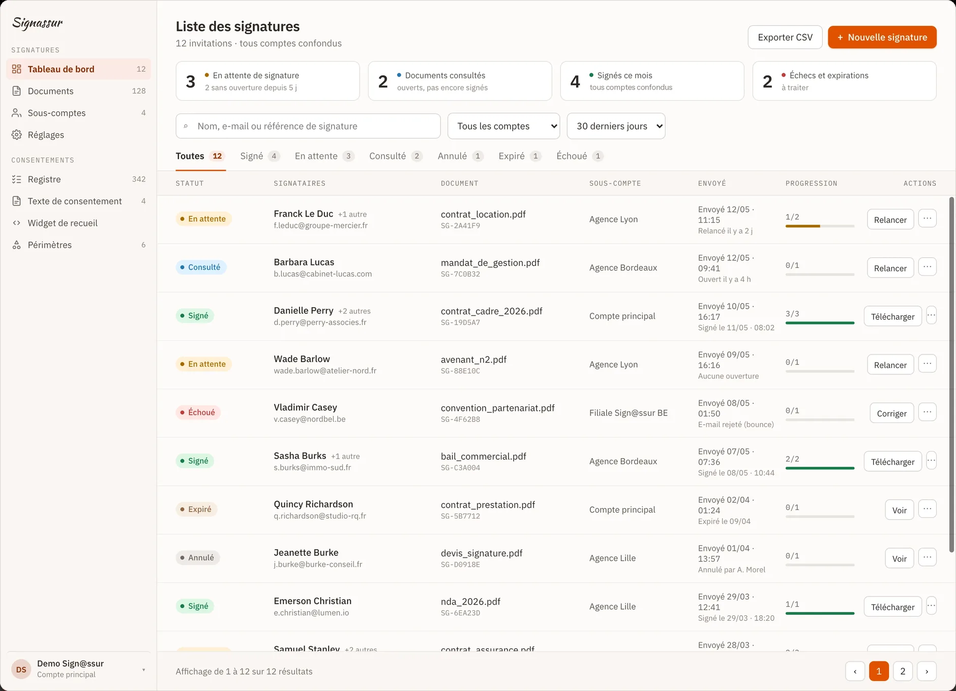 Tableau de bord Signassur : liste des demandes de signature avec leur statut, le document et la progression